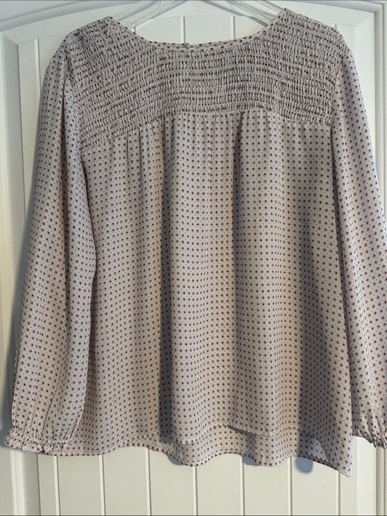 LOFT Tops - LOFT Light Gray Dotted and pink Smocked-Yoke Long Sleeve Blouse